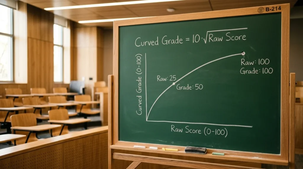 Teacher explaining square root curve grading on a modern chalkboard